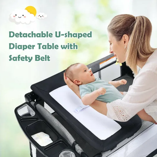 5-in-1 Baby Nursery Center Foldable Toddler Bedside Crib with Music Box-Black