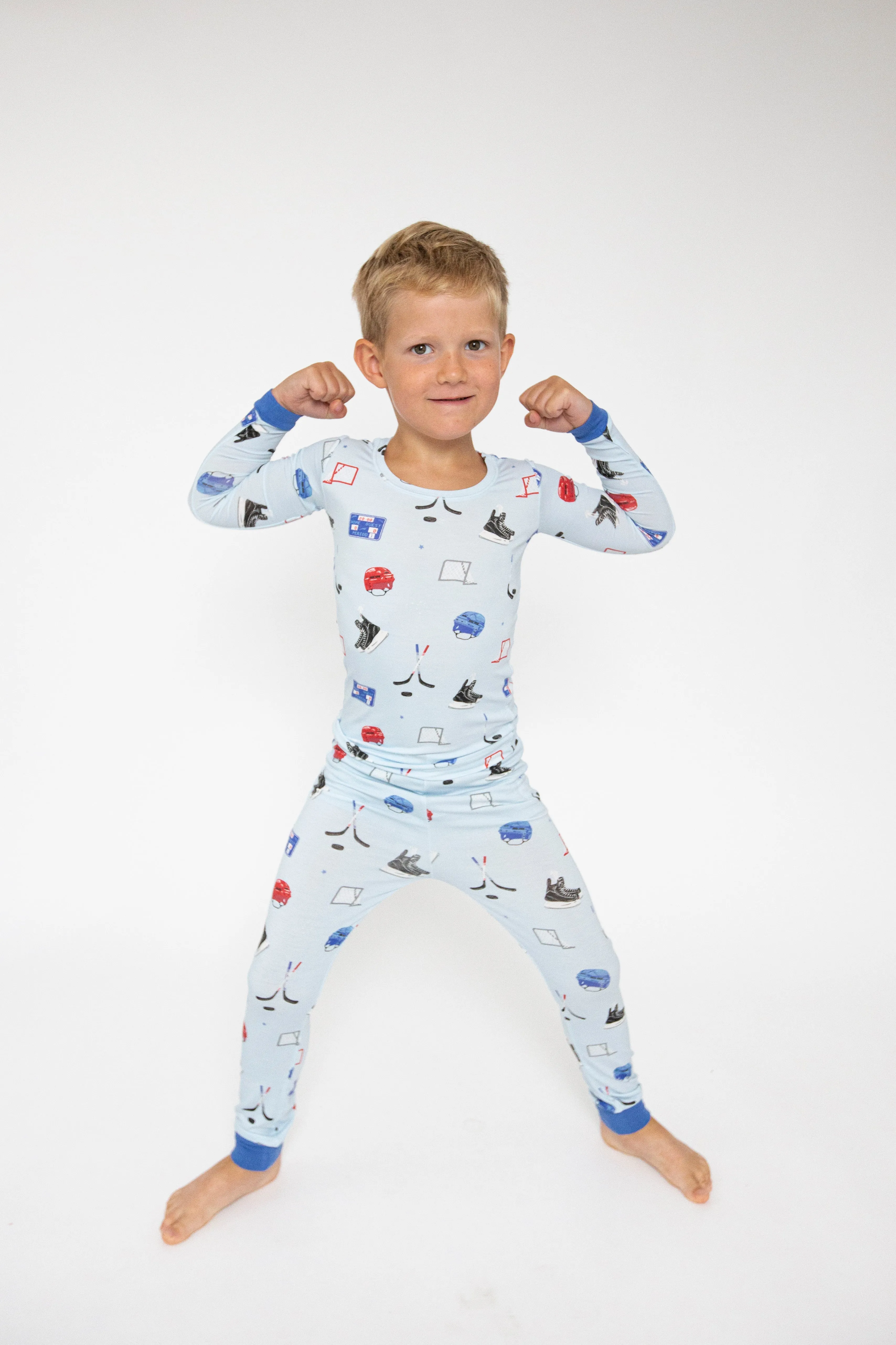 Angel Dear Bamboo Long Sleeve Loungewear Pajama Set in Blue Hockey