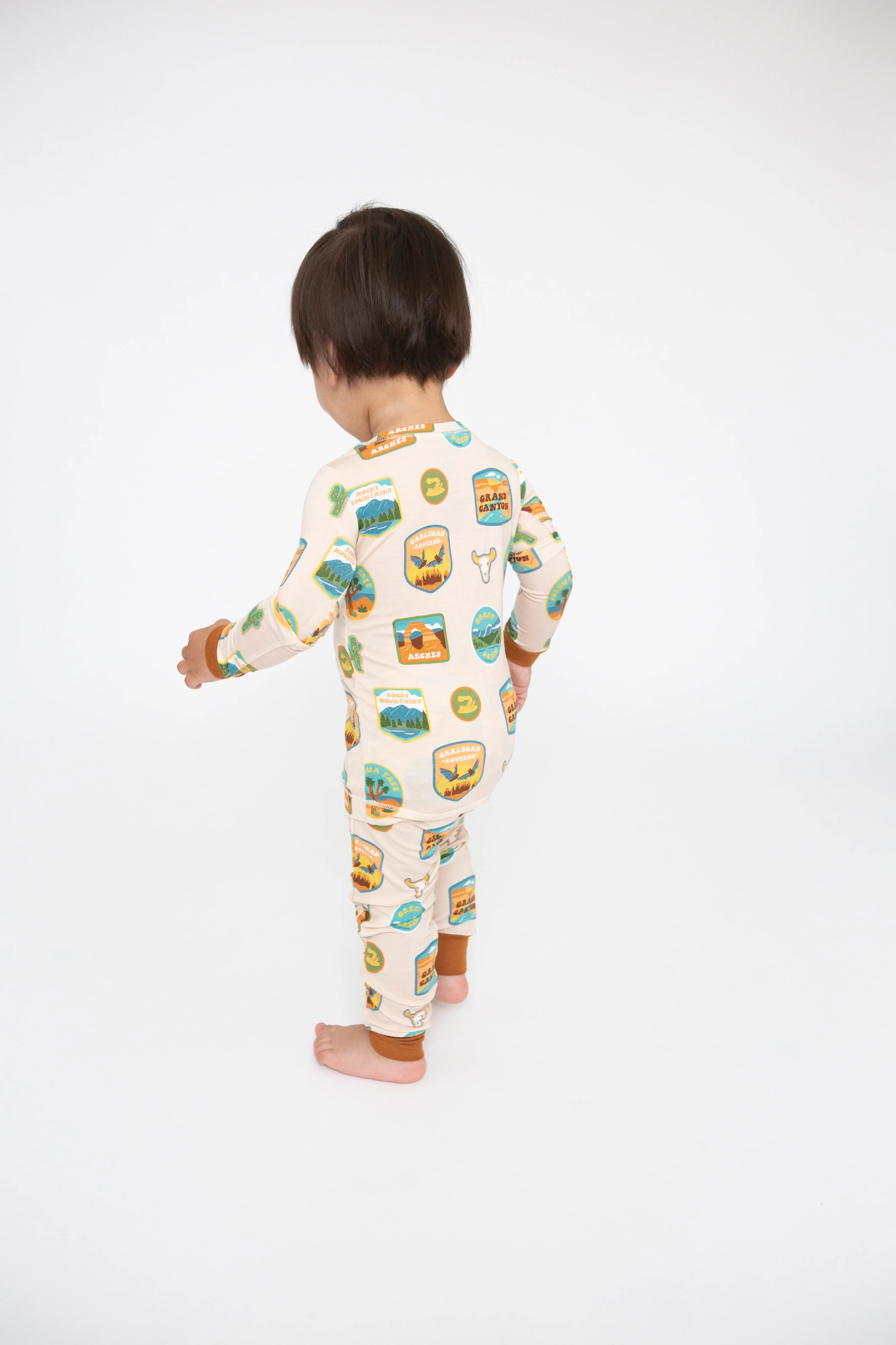 Angel Dear Bamboo Long Sleeve Loungewear Pajama Set in Cream National Parks Patches Southwest