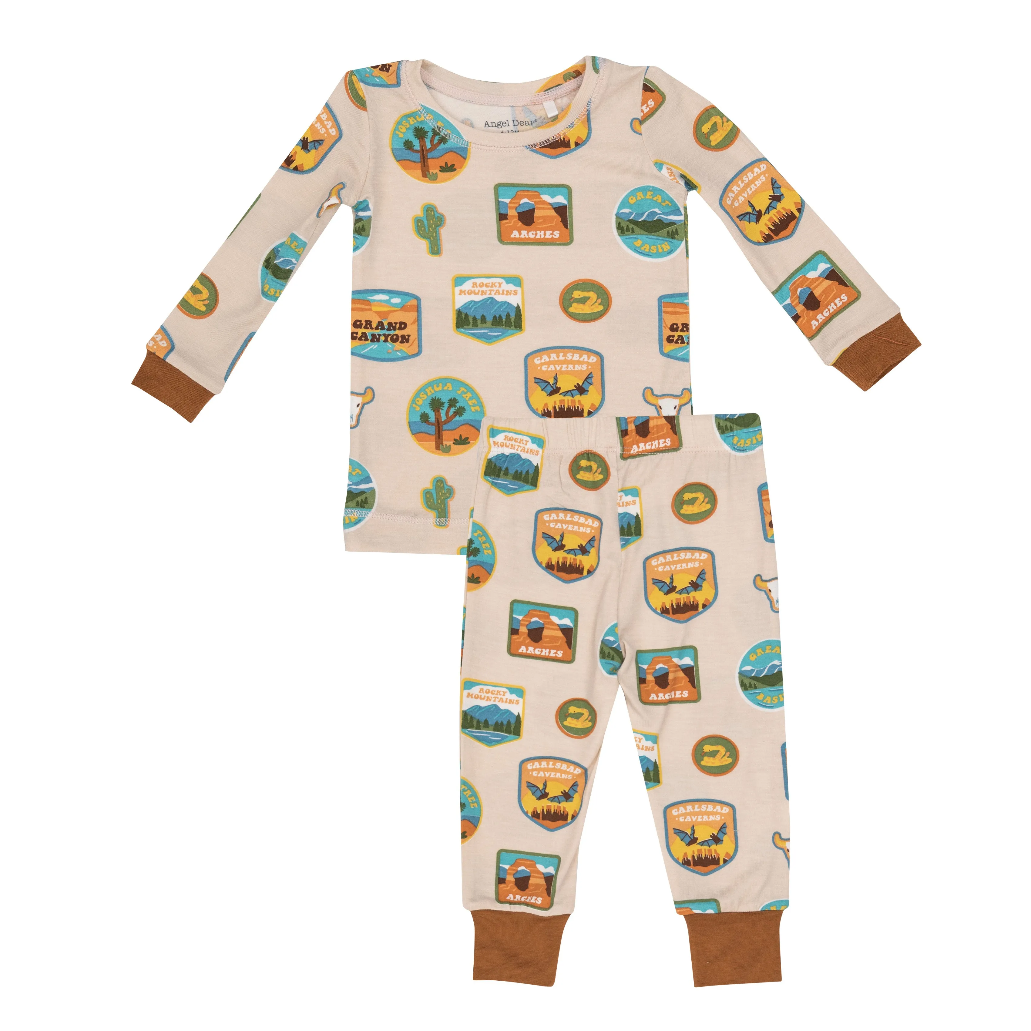 Angel Dear Bamboo Long Sleeve Loungewear Pajama Set in Cream National Parks Patches Southwest