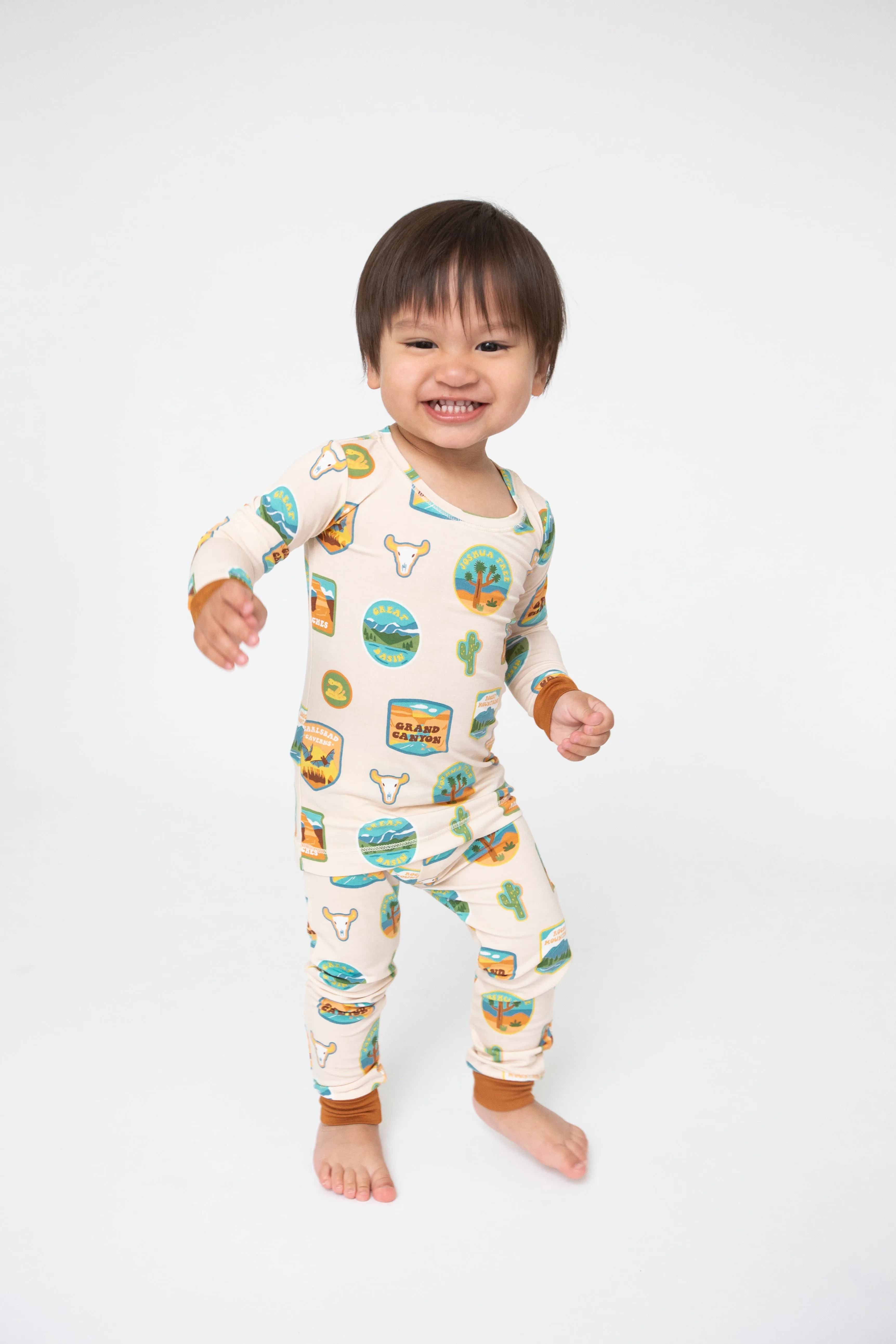 Angel Dear Bamboo Long Sleeve Loungewear Pajama Set in Cream National Parks Patches Southwest