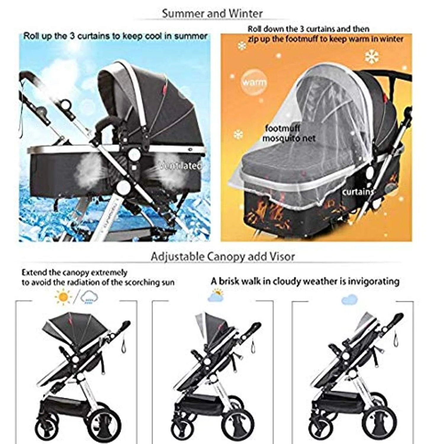 Convertible Bassinet Stroller Compact Single Baby Carriage
