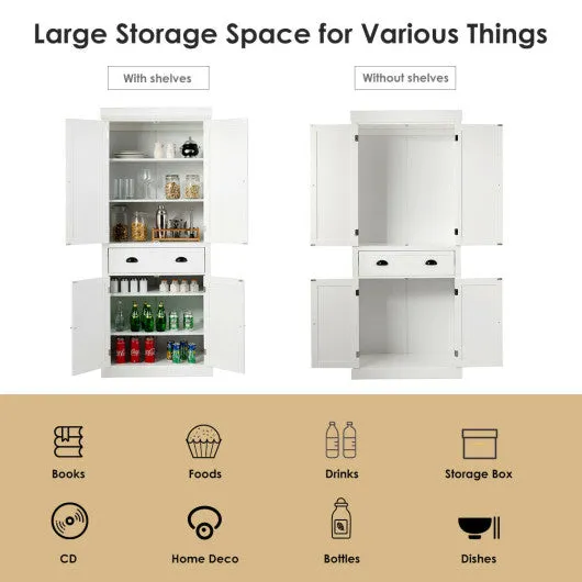 Cupboard Freestanding Kitchen Cabinet w/ Adjustable Shelves-White