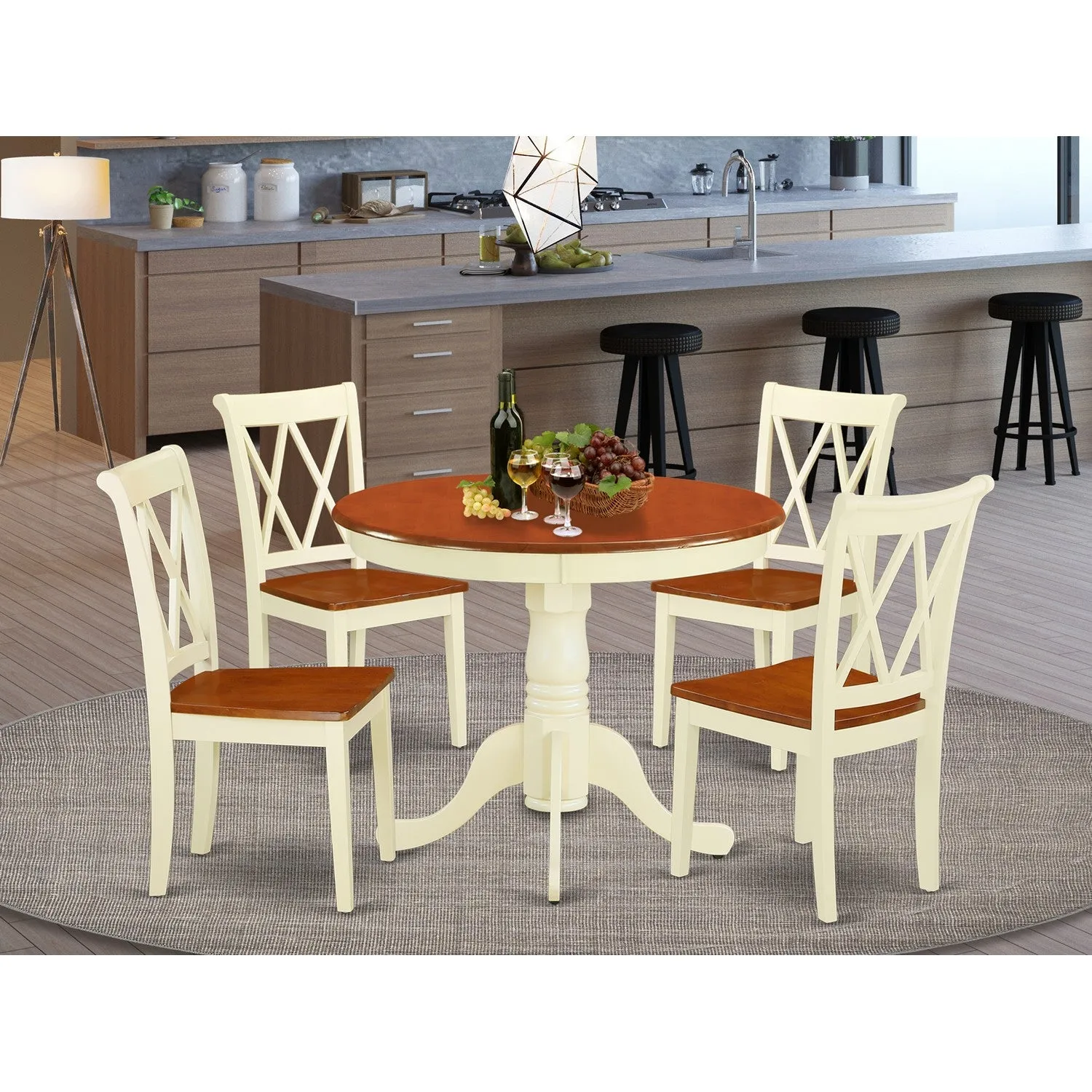 East West Furniture ANCL5-BMK-W 5 Piece Dining Table Set for 4 Includes a Round Kitchen Table with Pedestal and 4 Dining Room Chairs, 36x36 Inch, Buttermilk & Cherry