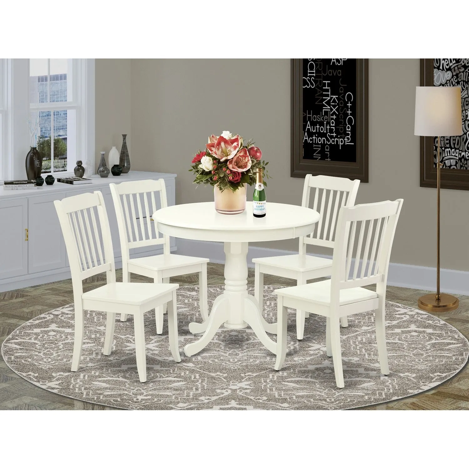 East West Furniture ANDA5-LWH-W 5 Piece Dining Set Includes a Round Kitchen Table with Pedestal and 4 Dining Room Chairs, 36x36 Inch, Linen White