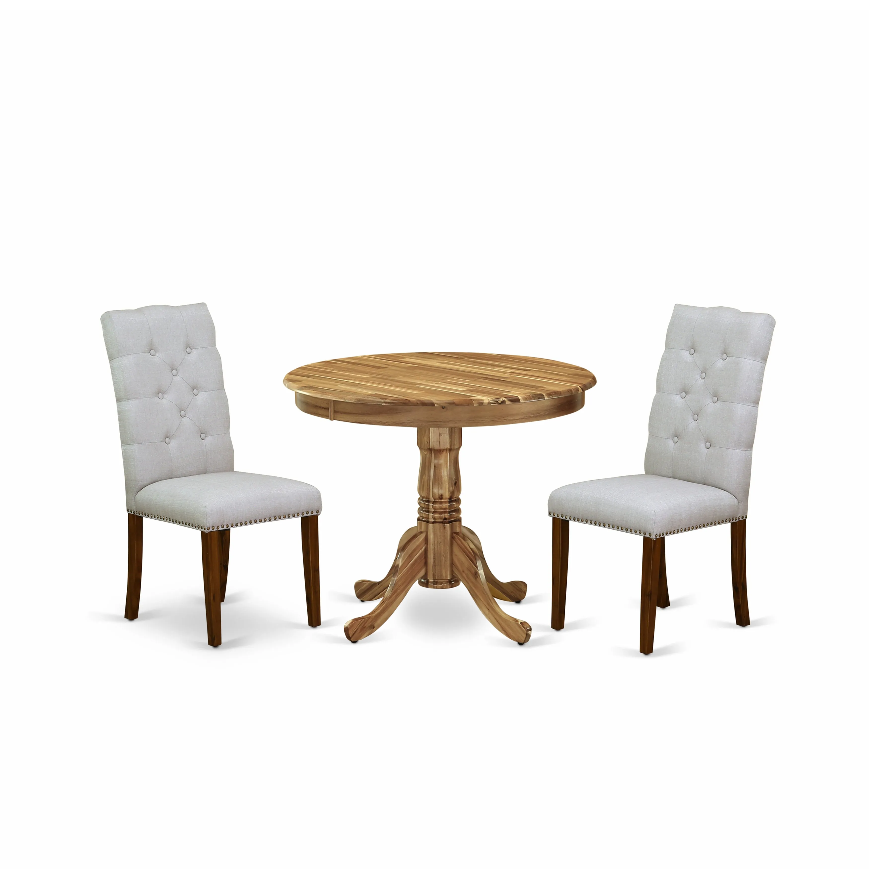 East West Furniture ANEL3-ANA-05 3 Piece Kitchen Table & Chairs Set Contains a Round Dining Room Table with Pedestal and 2 Grey Linen Fabric Parsons Dinette Chairs, 36x36 Inch, Natural