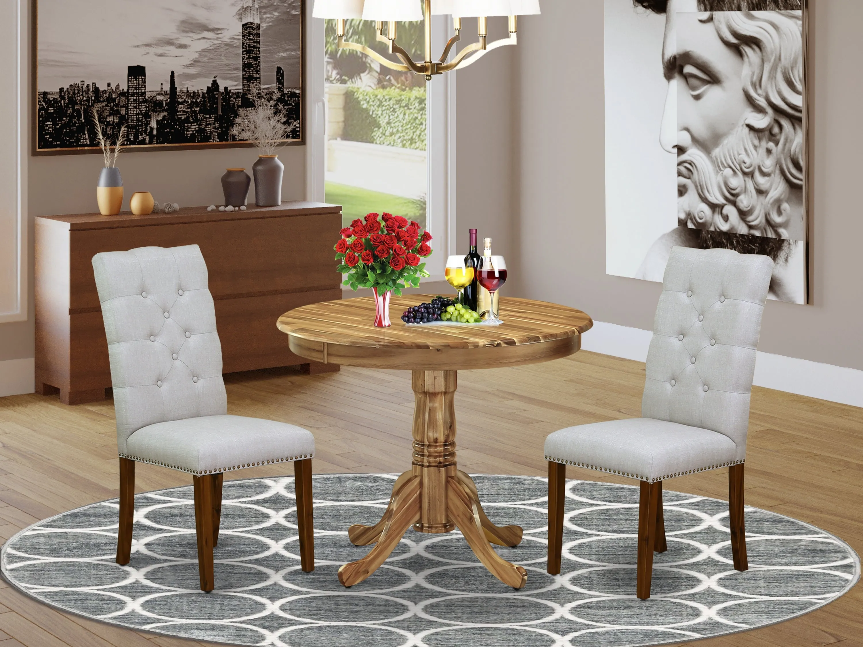 East West Furniture ANEL3-ANA-05 3 Piece Kitchen Table & Chairs Set Contains a Round Dining Room Table with Pedestal and 2 Grey Linen Fabric Parsons Dinette Chairs, 36x36 Inch, Natural