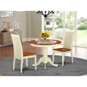 East West Furniture ANIP3-BMK-W 3 Piece Dining Set Contains a Round Dining Room Table with Pedestal and 2 Wood Seat Chairs, 36x36 Inch, Buttermilk & Cherry