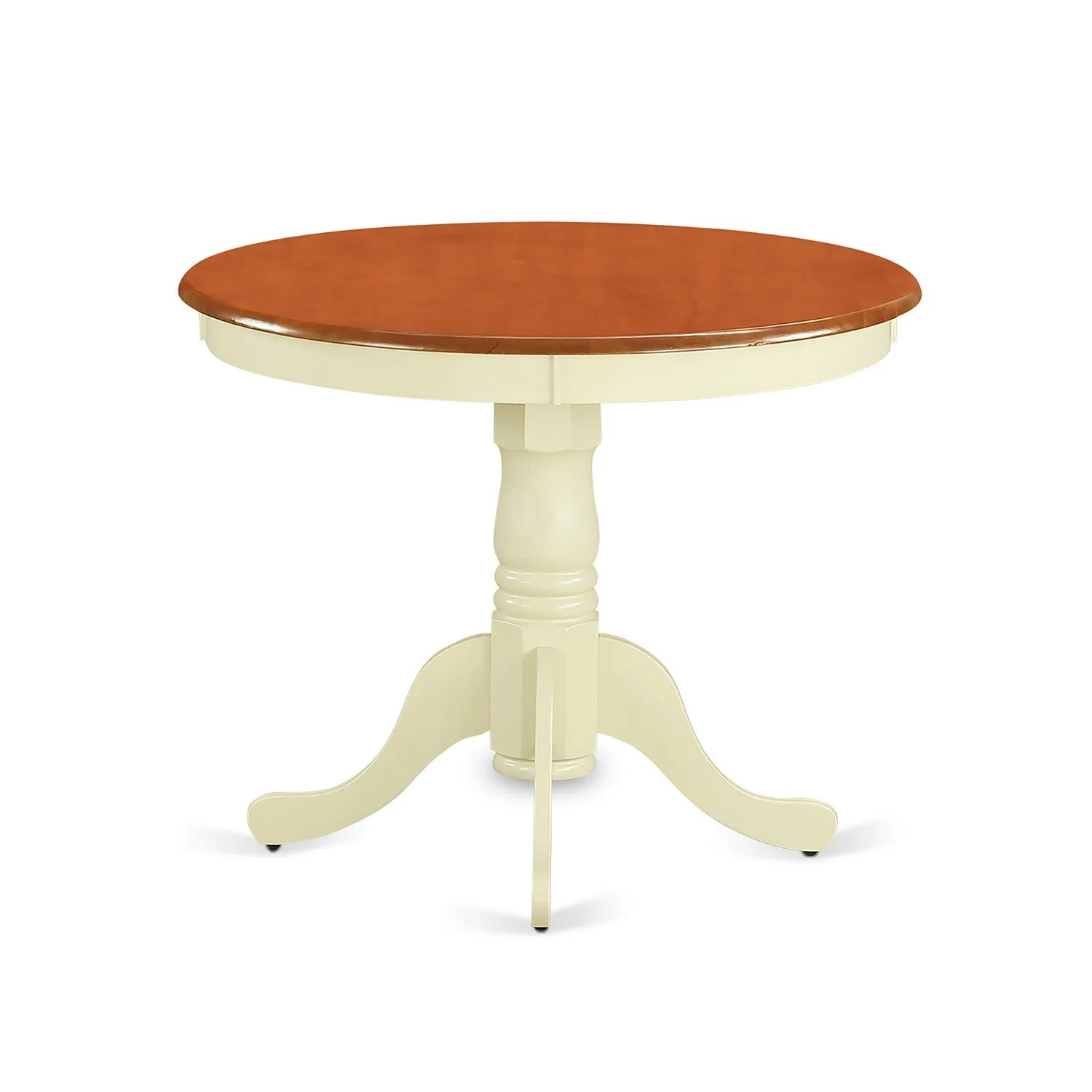 East West Furniture ANIP3-BMK-W 3 Piece Dining Set Contains a Round Dining Room Table with Pedestal and 2 Wood Seat Chairs, 36x36 Inch, Buttermilk & Cherry