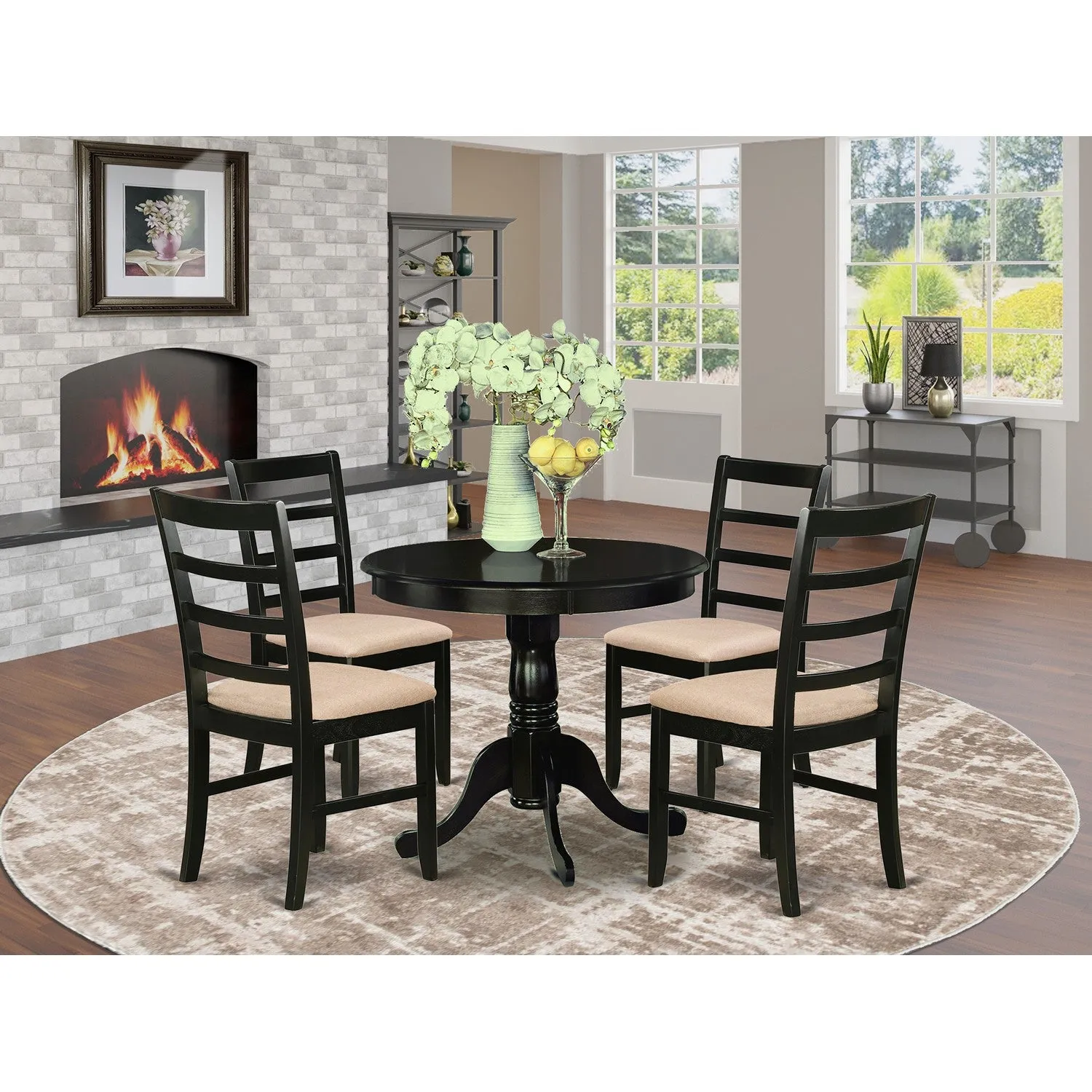 East West Furniture ANPF5-CAP-C 5 Piece Dining Set Includes a Round Kitchen Table with Pedestal and 4 Linen Fabric Upholstered Dining Chairs, 36x36 Inch, Cappuccino