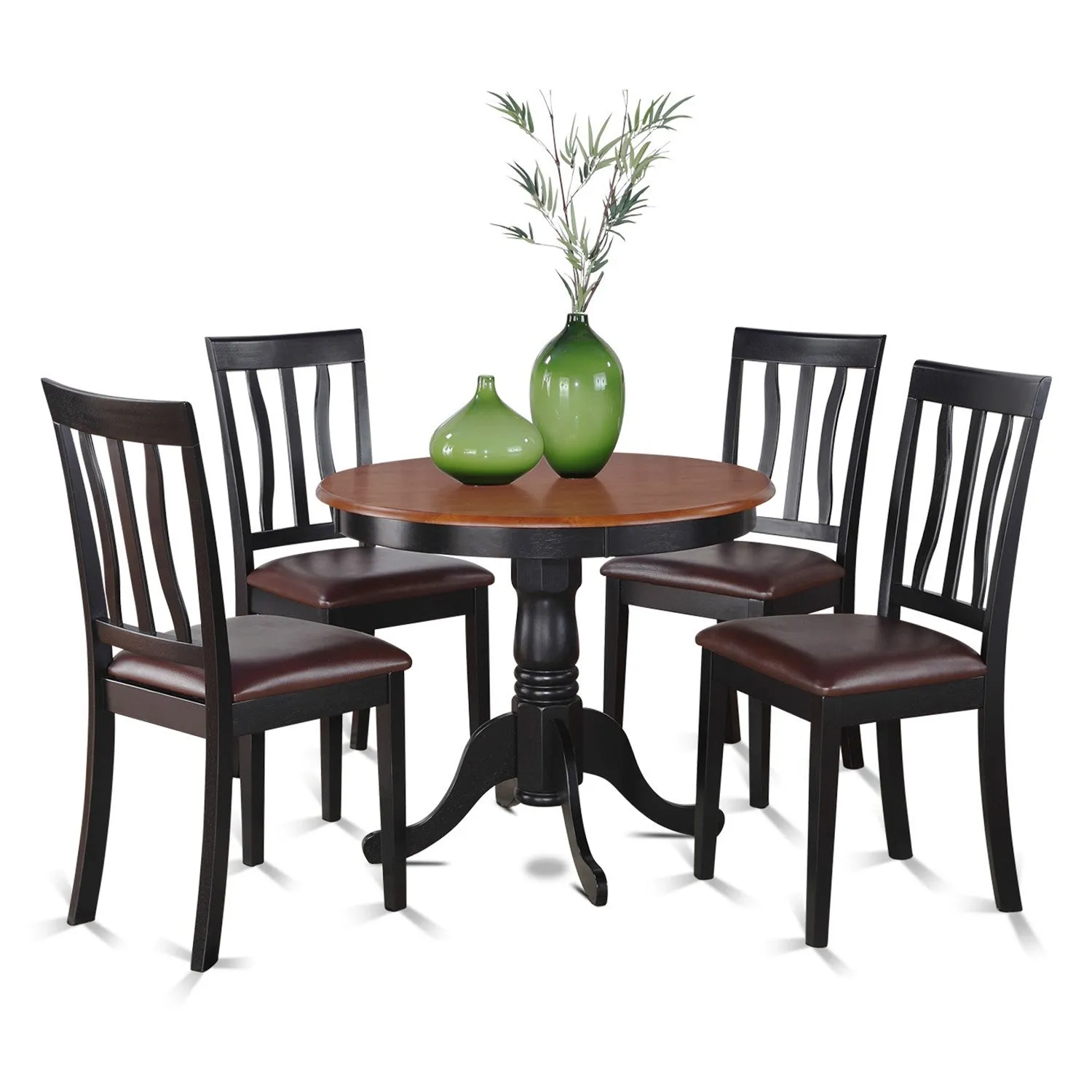 East West Furniture ANTI5-BLK-LC 5 Piece Dining Table Set for 4 Includes a Round Kitchen Table with Pedestal and 4 Faux Leather Upholstered Dinette Chairs, 36x36 Inch, Black & Cherry