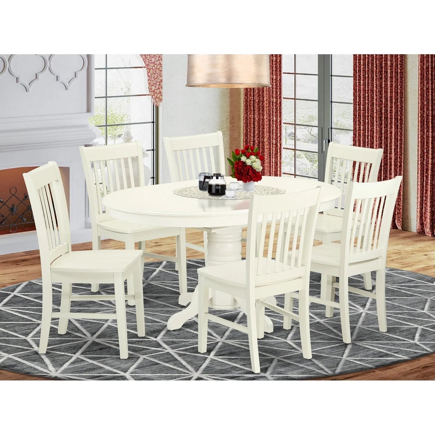 East West Furniture AVNO7-LWH-W 7 Piece Dining Set Consist of an Oval Dining Table with Butterfly Leaf and 6 Kitchen Chairs, 42x60 Inch, Linen White