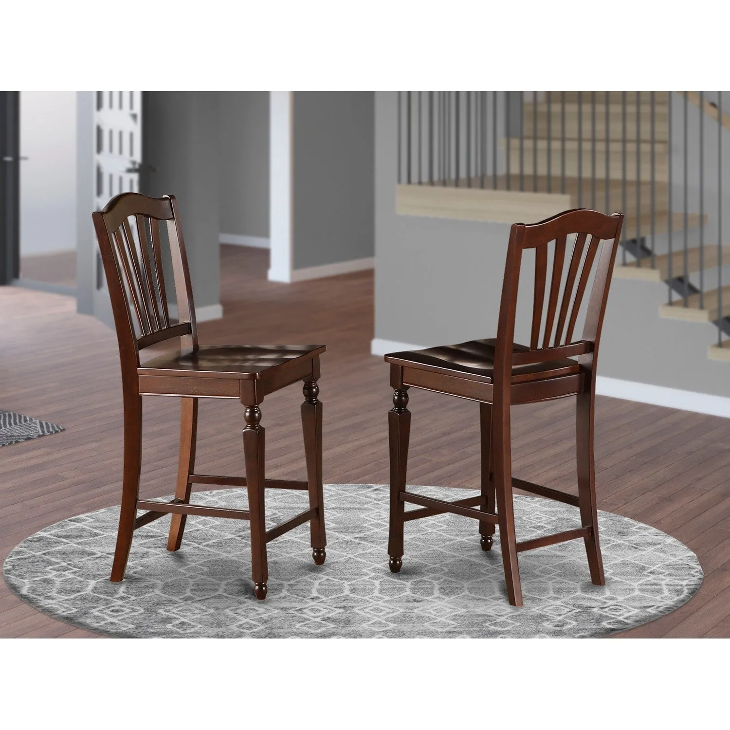 East West Furniture CHS-MAH-W Chelsea Counter Height Barstools - Slat Back Wooden Seat Chairs, Set of 2, Mahogany