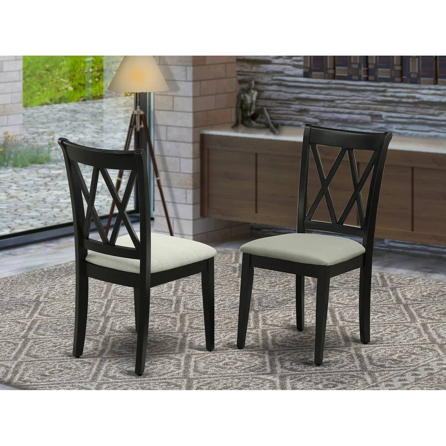 East West Furniture CLC-BLK-C Clarksville Dining Room Chairs - Linen Fabric Upholstered Wood Chairs, Set of 2, Black