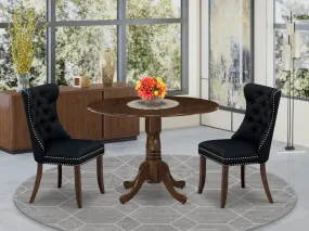 East West Furniture DLDA3-AWA-24 3 Piece Kitchen Table & Chairs Set Includes a Round Dining Table with Dropleaf and 2 Upholstered Chairs, 42x42 Inch, Antique Walnut