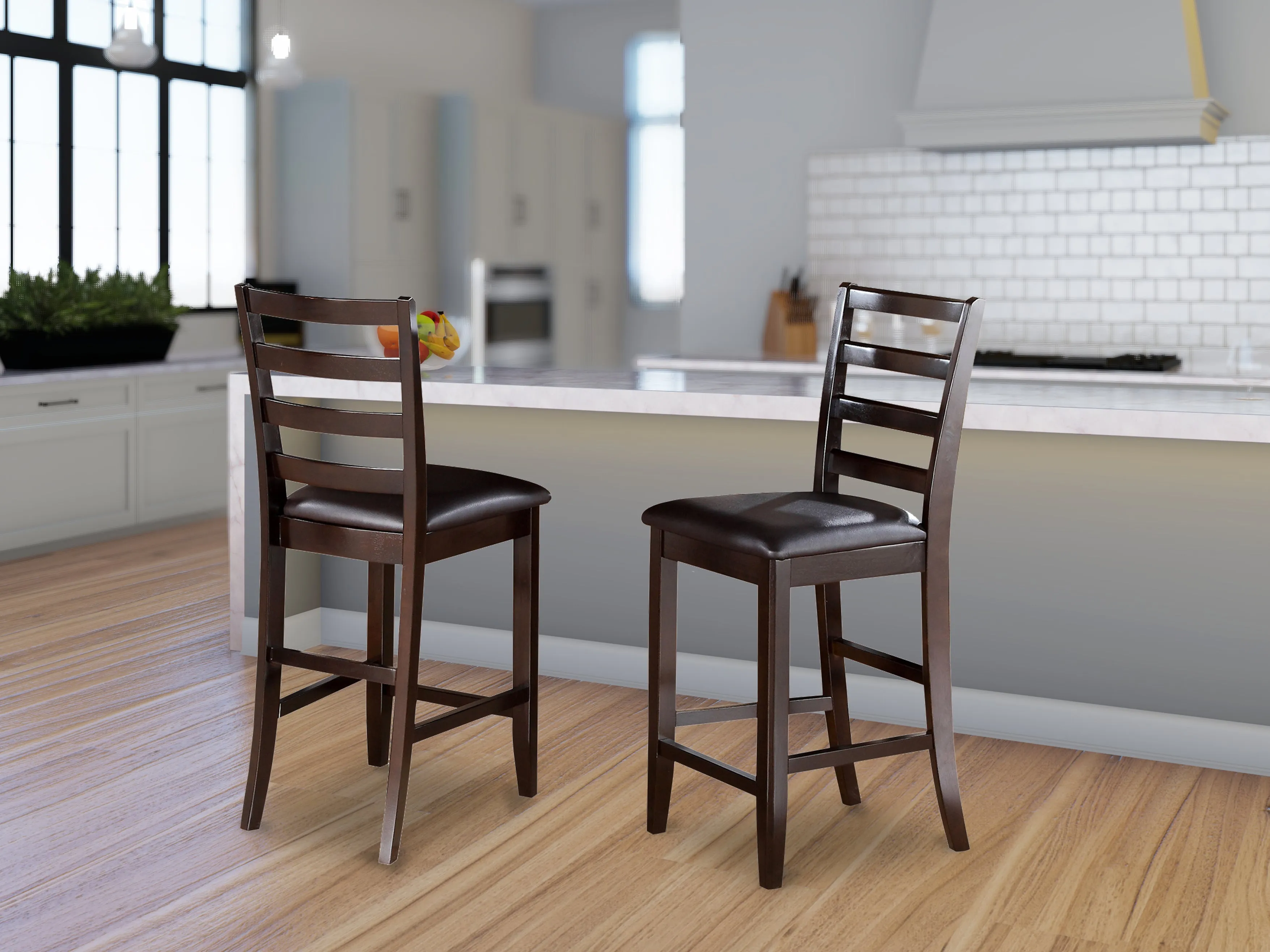 East West Furniture FAS-CAP-LC Fairwind Counter Height Barstools - Faux Leather Upholstered Wooden Chairs, Set of 2, Cappuccino