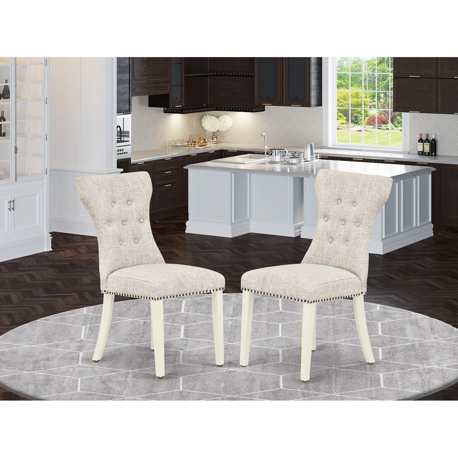 East West Furniture GAP2T35 Gallatin Modern Parson Chairs - Button Tufted Nailhead Trim Doeskin Linen Fabric Padded Dining Chairs, Set of 2, Linen White