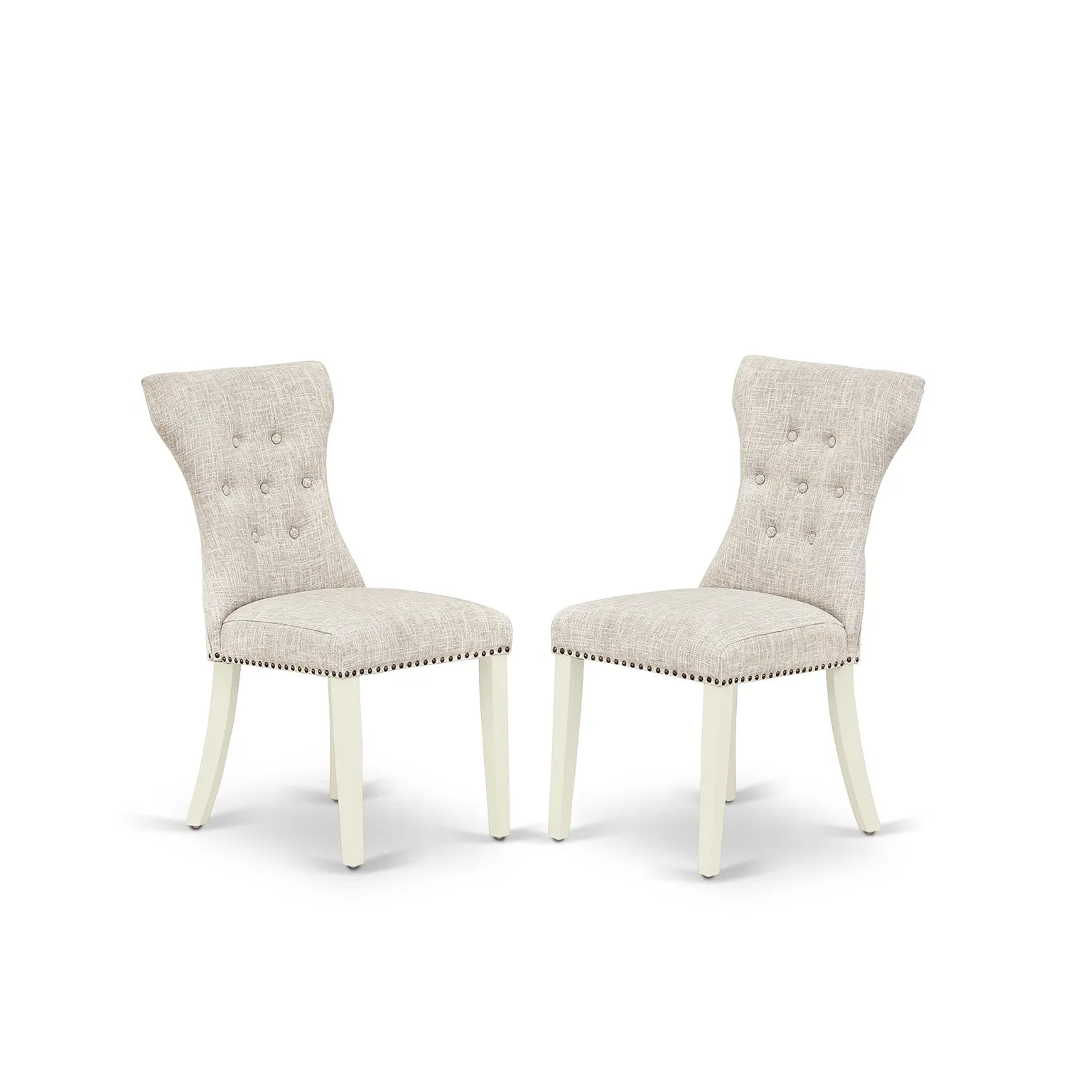 East West Furniture GAP2T35 Gallatin Modern Parson Chairs - Button Tufted Nailhead Trim Doeskin Linen Fabric Padded Dining Chairs, Set of 2, Linen White