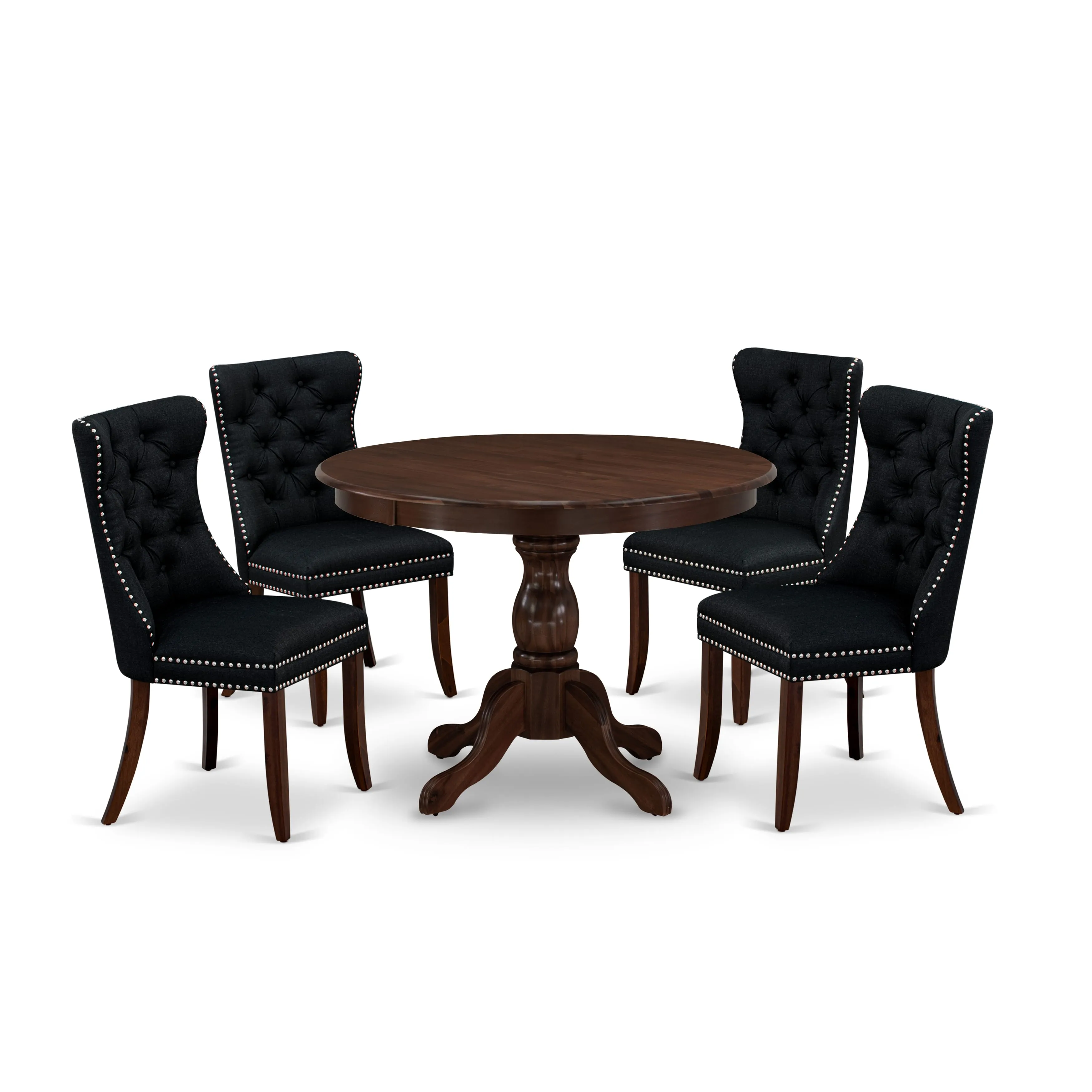 East West Furniture HBDA5-AWA-24 5 Piece Dining Set for Small SpacesIncludes a Round Kitchen Table and 4 Upholstered Parson Chairs, 42x42 Inch, Antique Walnut