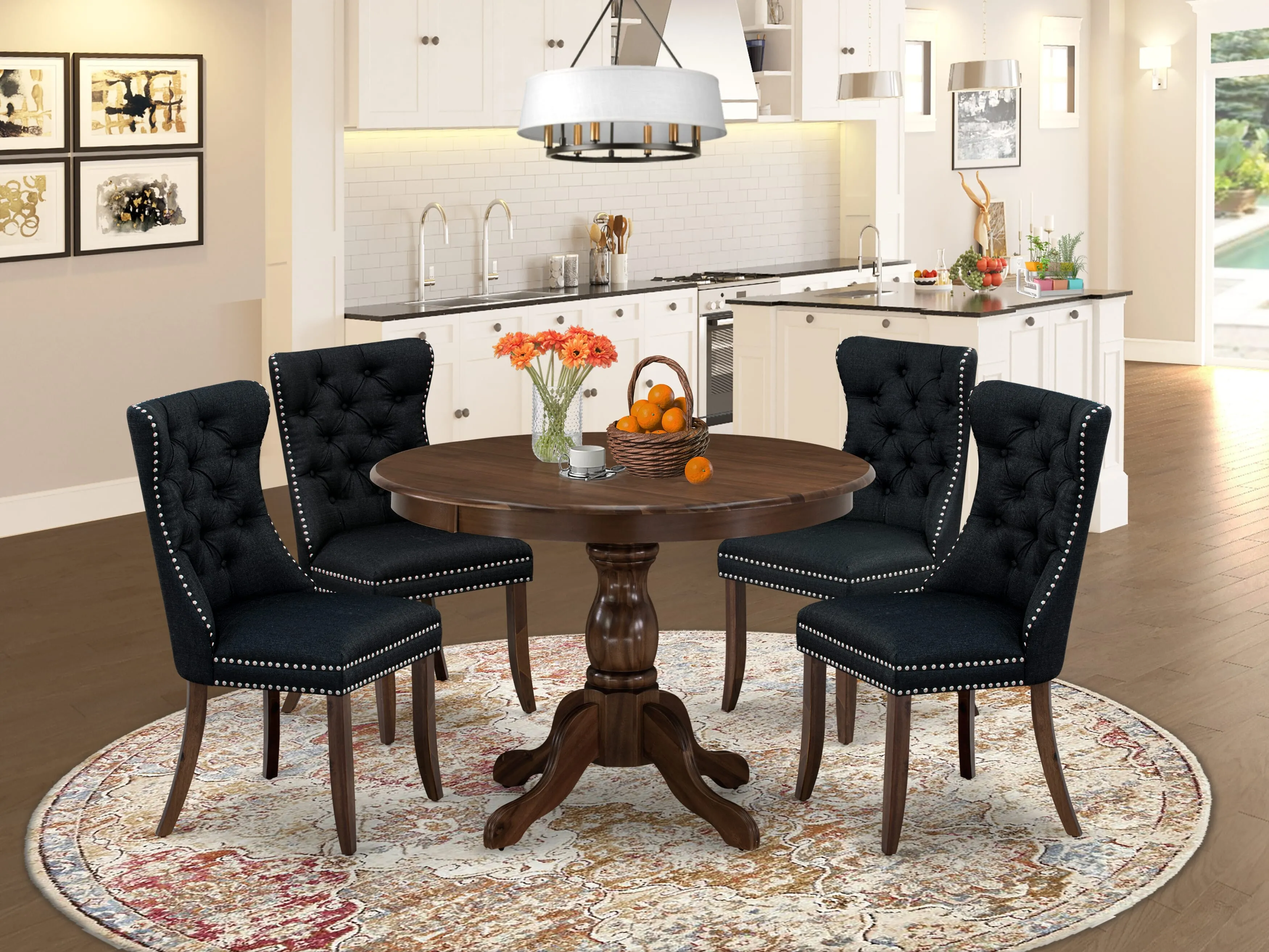 East West Furniture HBDA5-AWA-24 5 Piece Dining Set for Small SpacesIncludes a Round Kitchen Table and 4 Upholstered Parson Chairs, 42x42 Inch, Antique Walnut