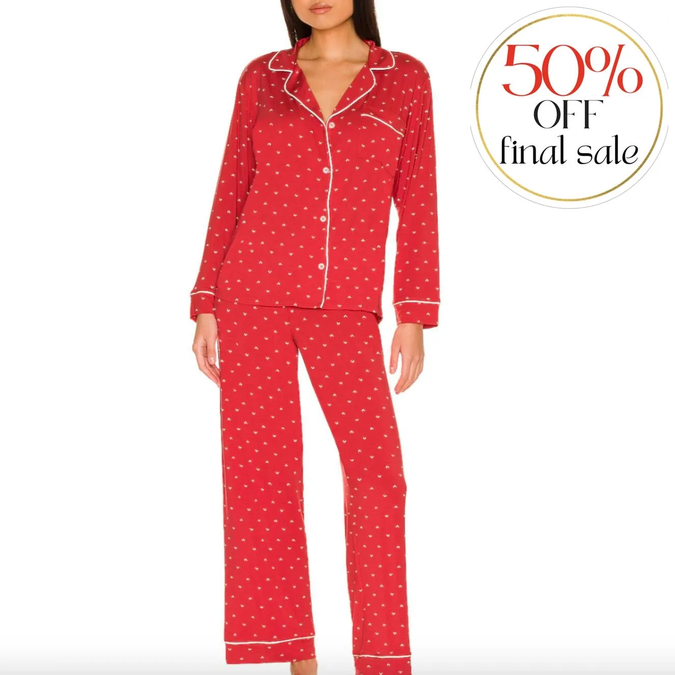 Eberjey Gisele Printed Long PJ Set PJ1141 in Red/Bone Hearts