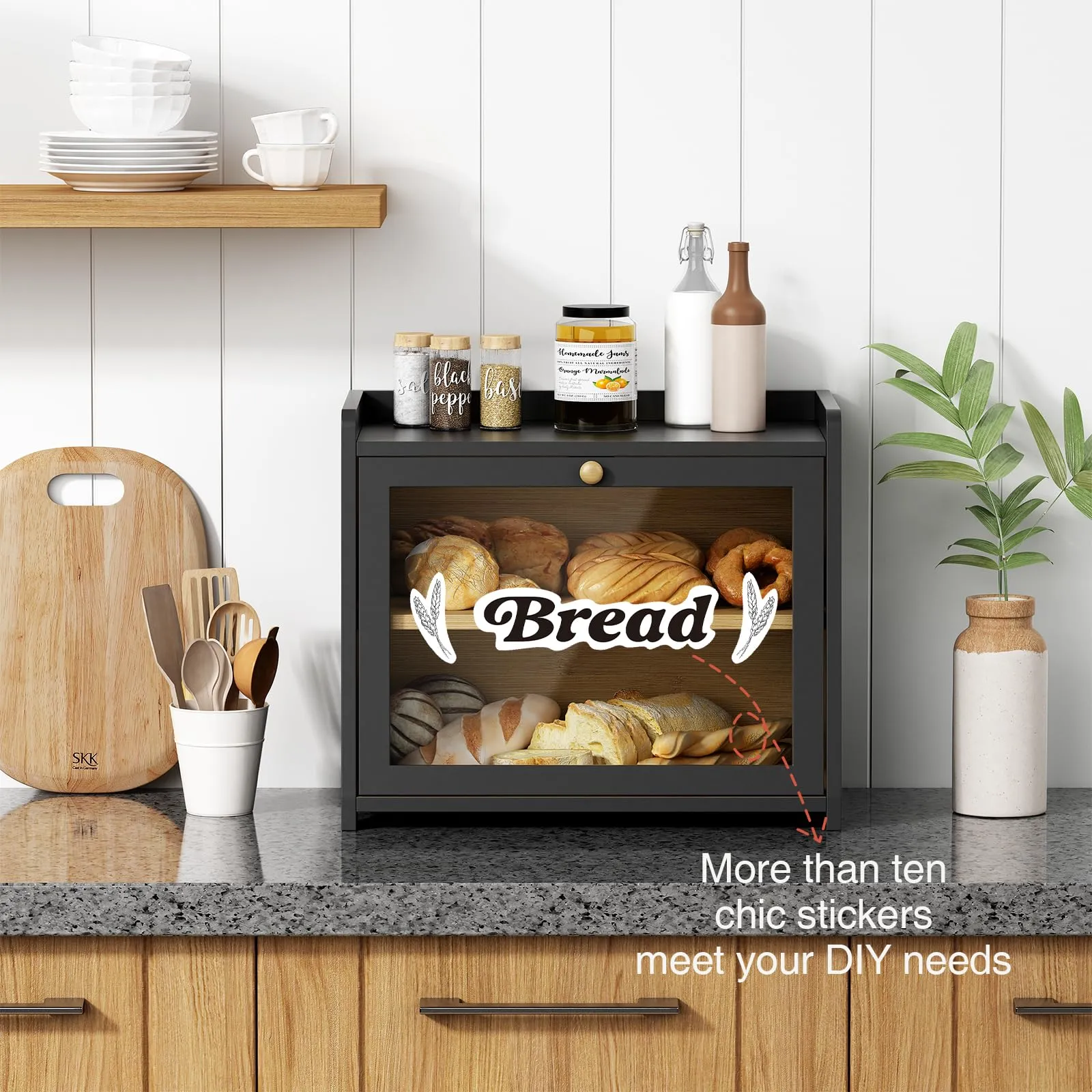 Goozii Black Bread Box for Kitchen Countertop, Large Bread Storage Container for Homemade Bread, Wood Farmhouse Breadbox Organizer for Kitchen Counter Corner, Cabinet, Pantry, Cupboard (Black)