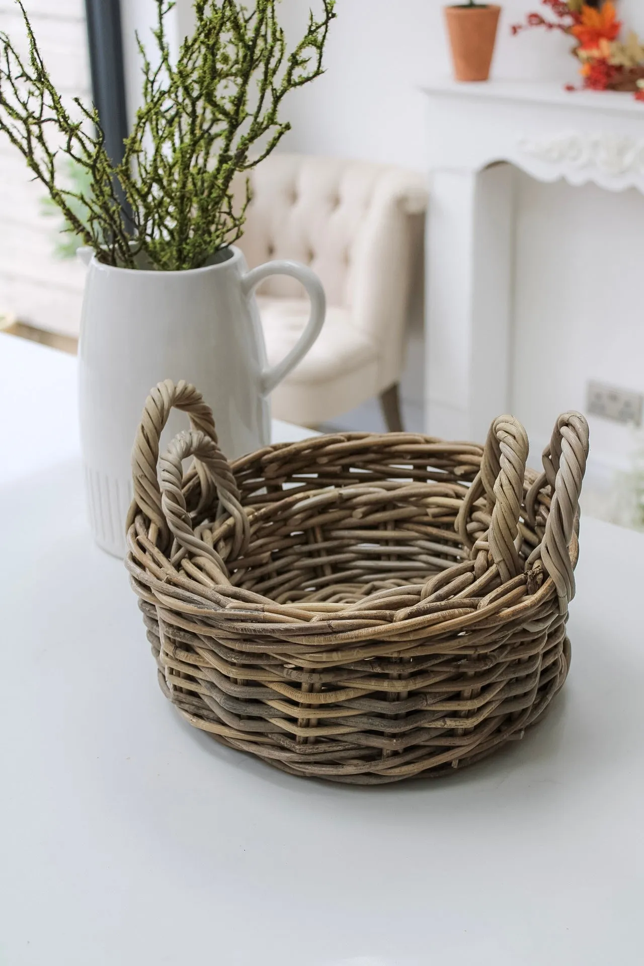 Grey Washed Small Rattan Storage Basket with Handles