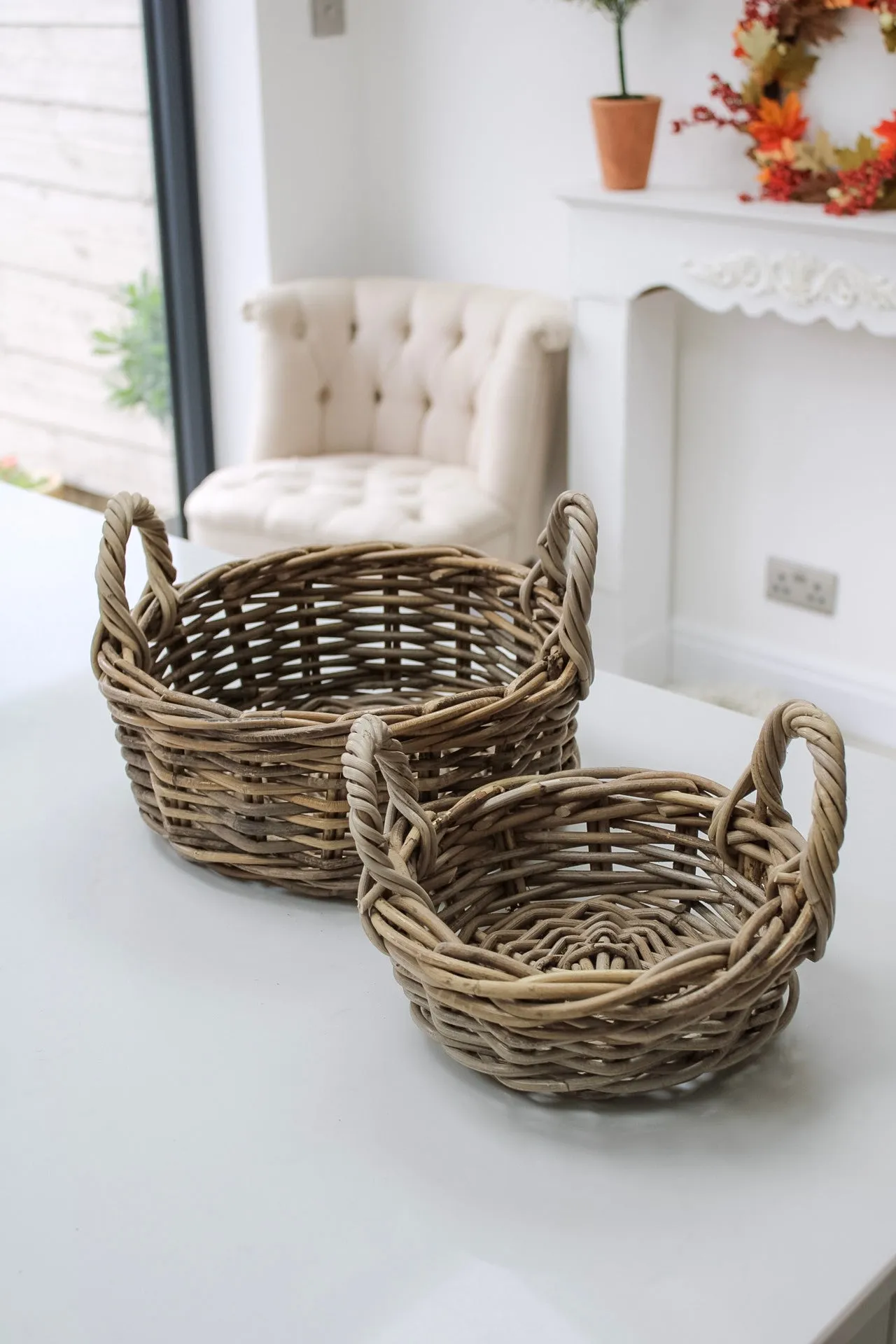Grey Washed Small Rattan Storage Basket with Handles