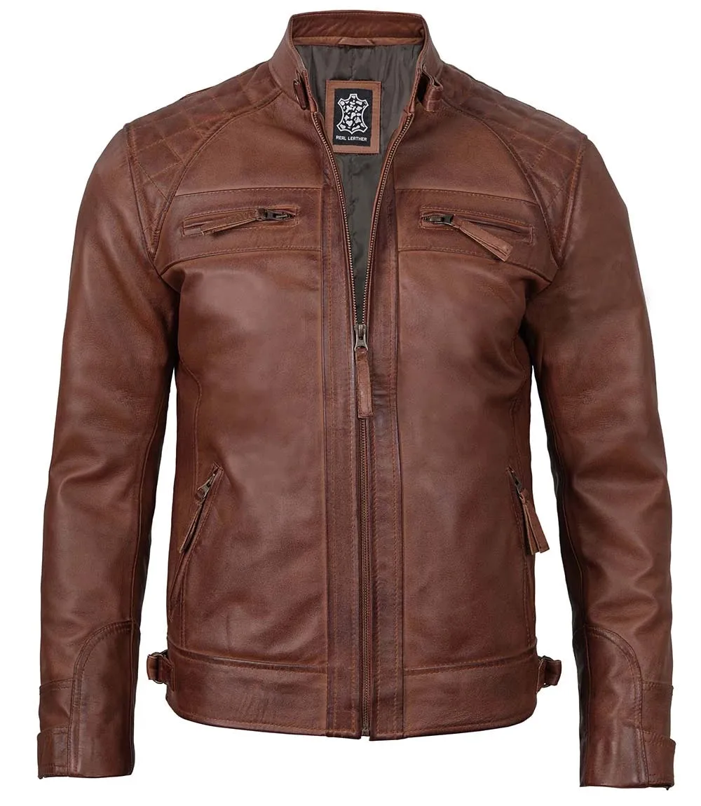 Johnson Men's Cognac Brown Quilted Cafe Racer Leather Jacket