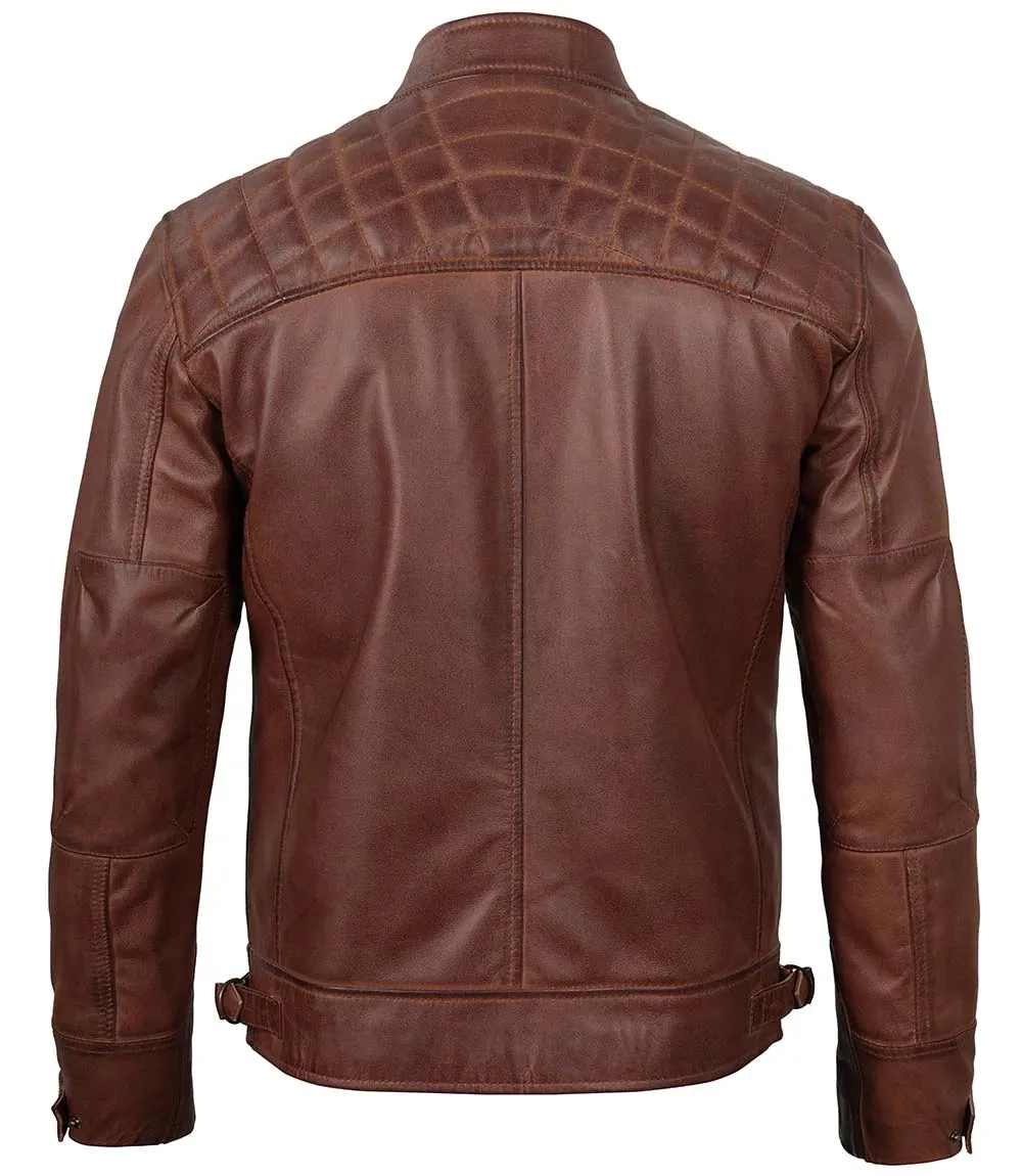 Johnson Men's Cognac Brown Quilted Cafe Racer Leather Jacket