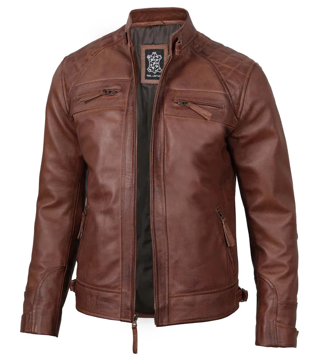 Johnson Men's Cognac Brown Quilted Cafe Racer Leather Jacket