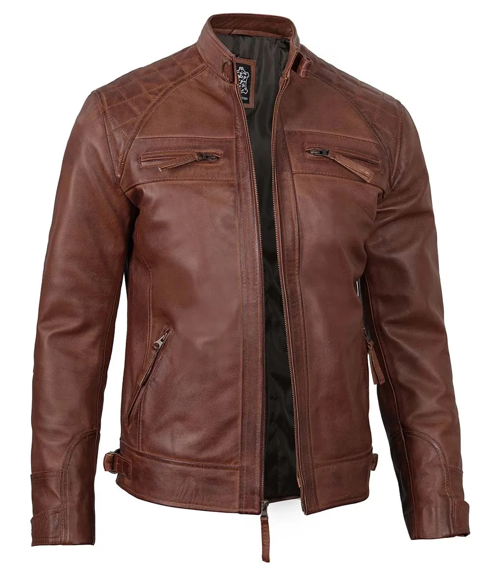 Johnson Men's Cognac Brown Quilted Cafe Racer Leather Jacket