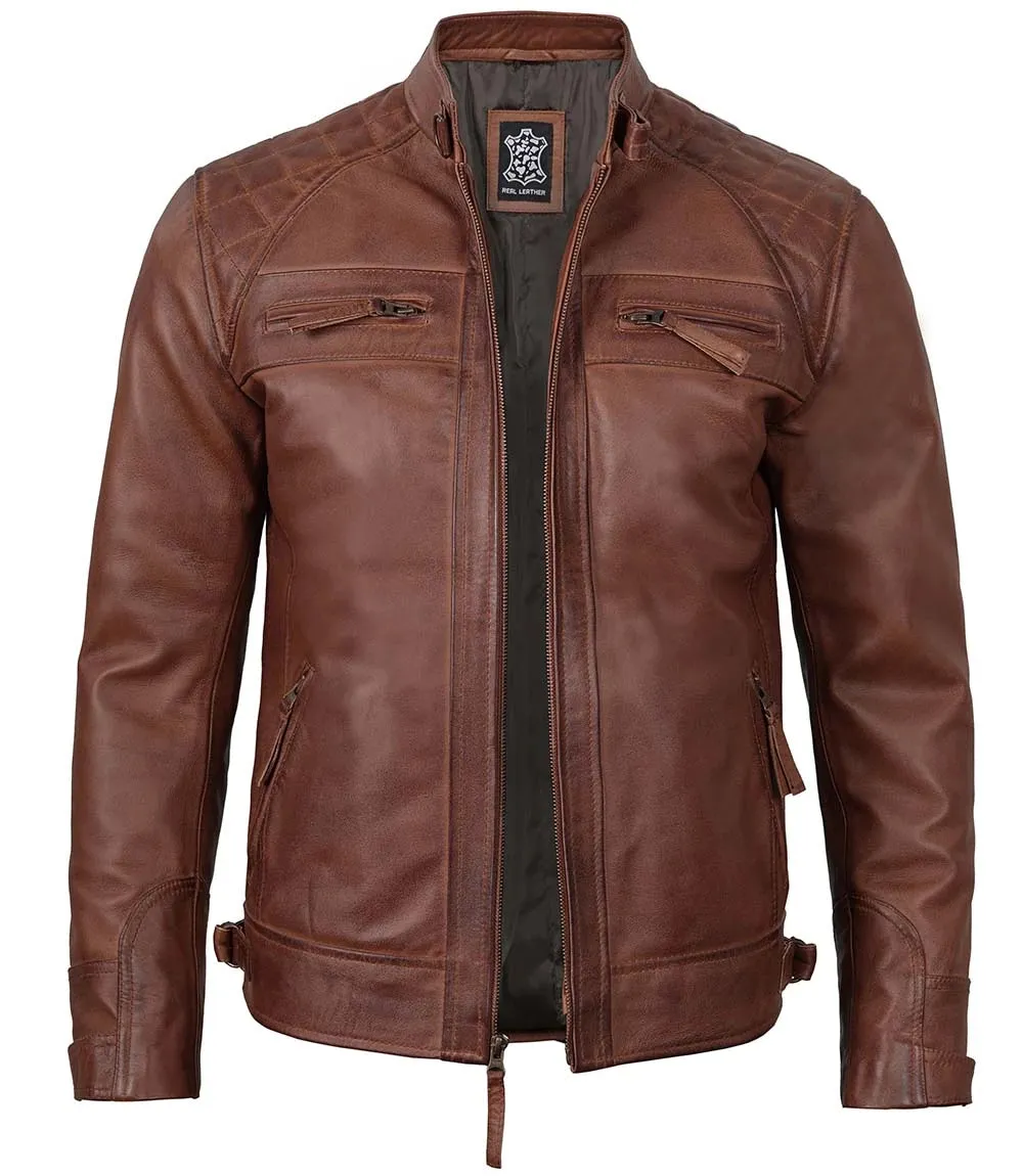 Johnson Men's Cognac Brown Quilted Cafe Racer Leather Jacket