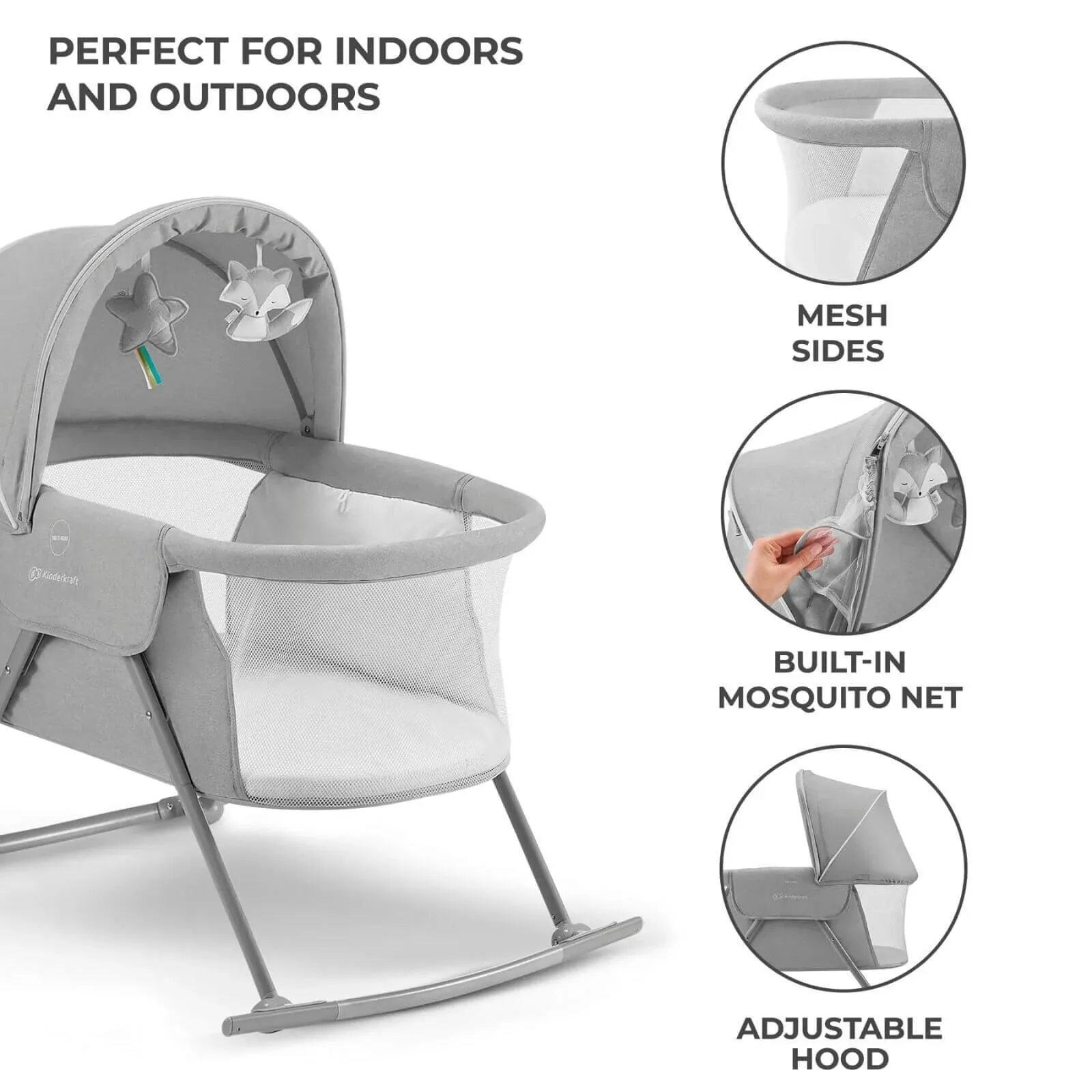 Kinderkraft Lovi 3-in-1 Baby Crib - Grey