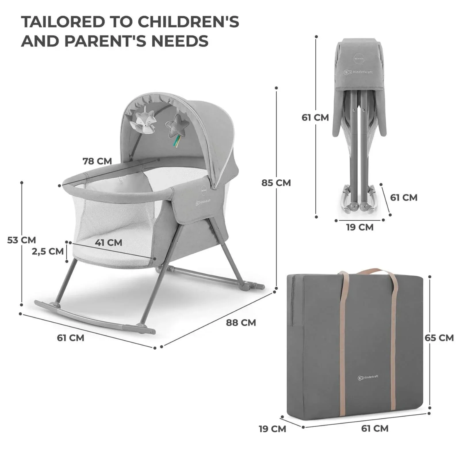 Kinderkraft Lovi 3-in-1 Baby Crib - Grey