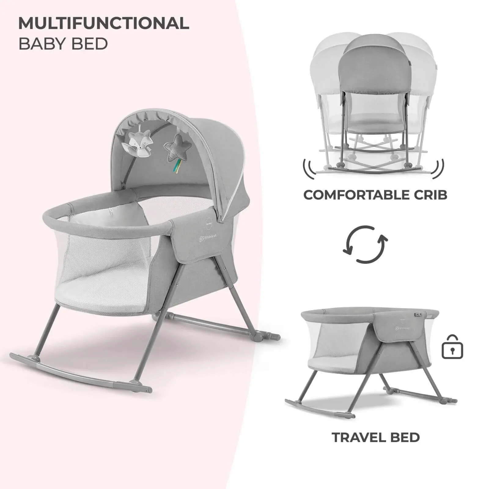 Kinderkraft Lovi 3-in-1 Baby Crib - Grey