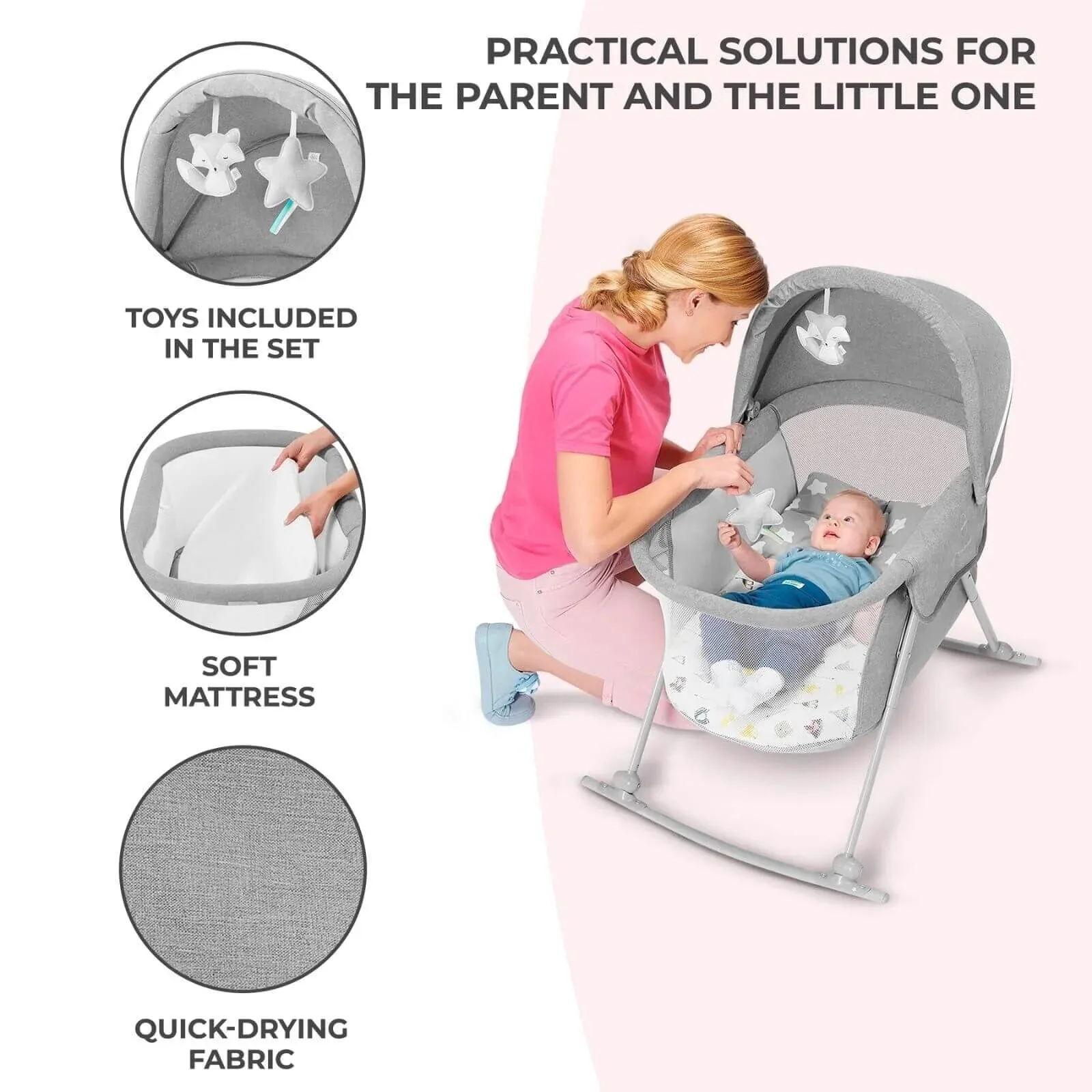 Kinderkraft Lovi 3-in-1 Baby Crib - Grey