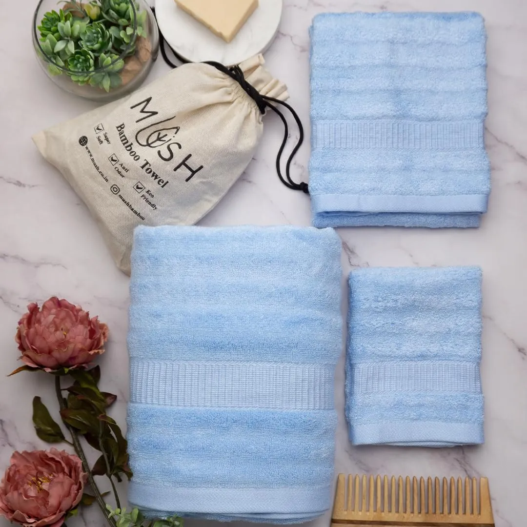 Mush Bamboo Towels Set | Ultra Soft, Absorbent and Antimicrobial 600 GSM (2 Bath Towel, 2 Hand Towel and 2 Face Towel) Perfect for Daily Use and Gifting (Sky & Pink)