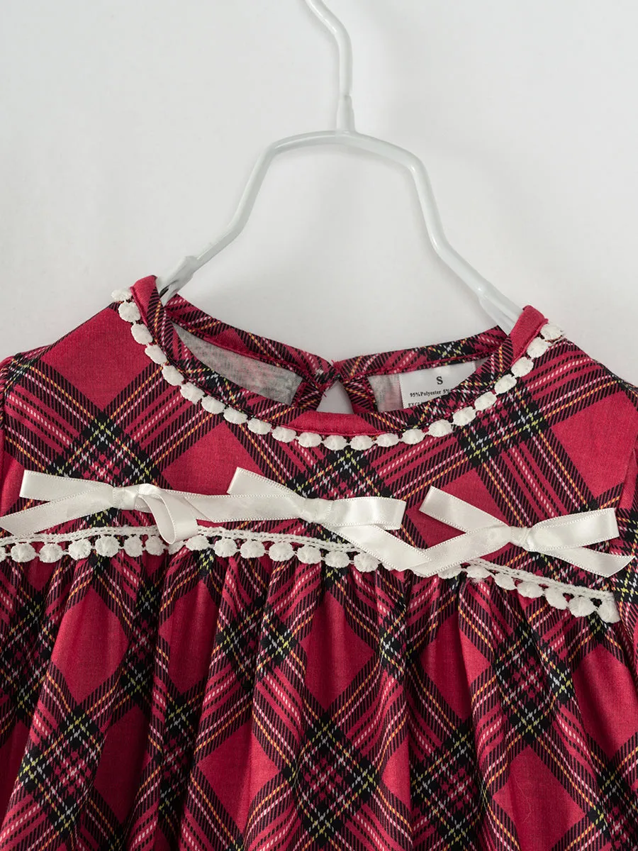 Red Plaid Ribbon Ruffle Girl Outfit Pajamas