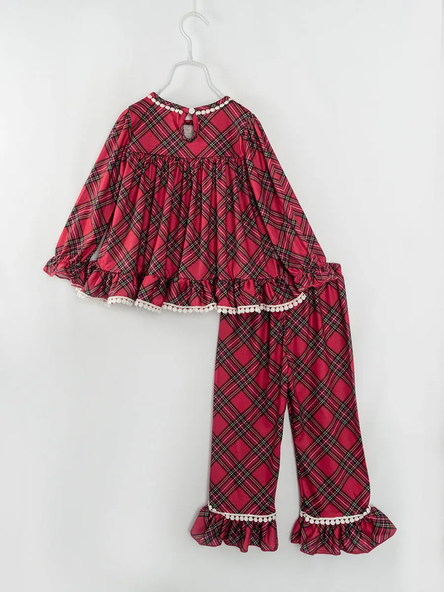 Red Plaid Ribbon Ruffle Girl Outfit Pajamas