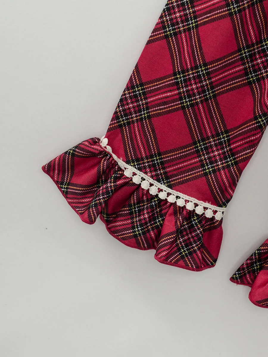 Red Plaid Ribbon Ruffle Girl Outfit Pajamas