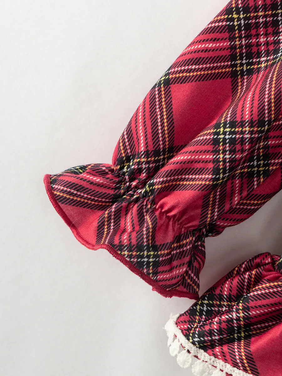 Red Plaid Ribbon Ruffle Girl Outfit Pajamas