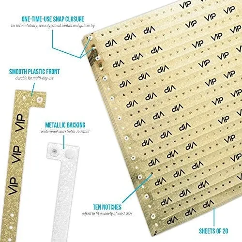 WristCo Holographic Gold VIP Plastic Wristbands - 100 Pack Wristbands for Events