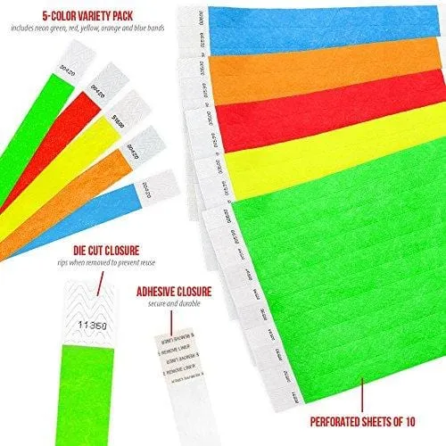 WristCo Variety Pack 3/4" Tyvek Wristbands - Red, Orange, Yellow, Green, Blue - 500 Pack Paper Wristbands for Events